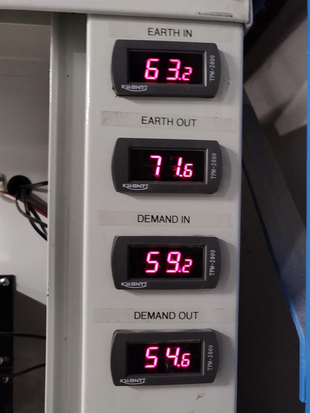 Four digital loop thermometers on a cabinet.