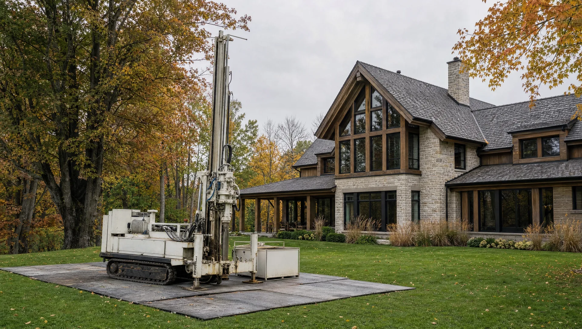 A geothermal drill rig on ground protection mats drilling a vertical borehole beside a stone and timber home in autumn