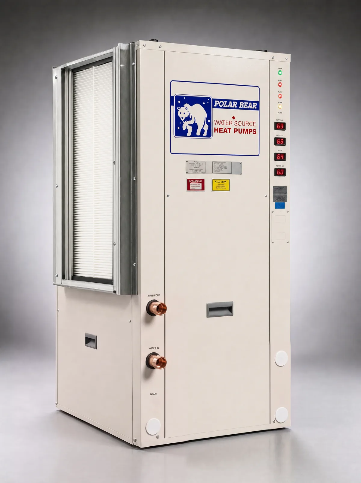 Polar Bear vertical water-to-air heat pump with its return-air filter fitted, indicator lights on and copper water connections