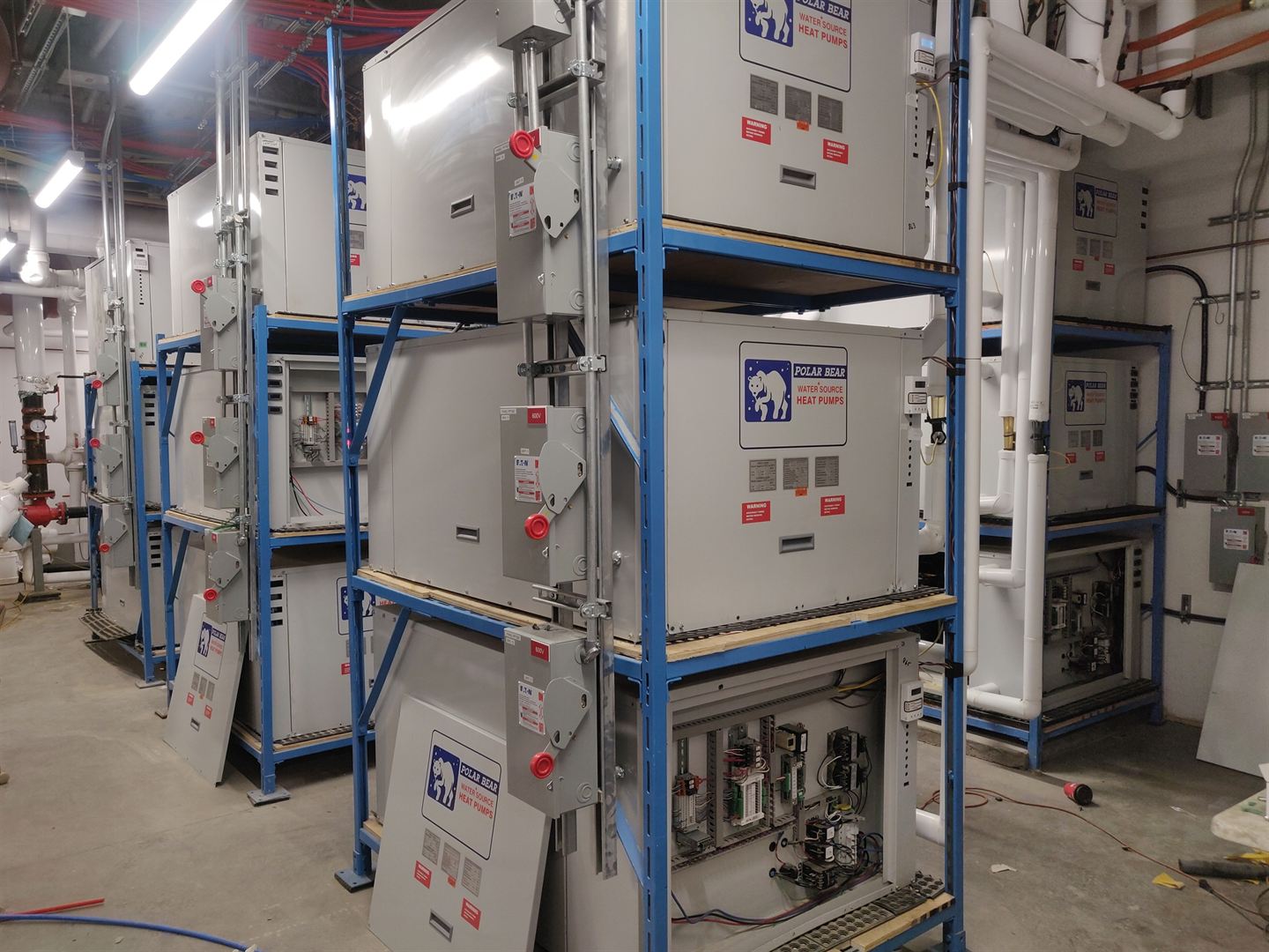 Polar Bear units stacked on blue racking.